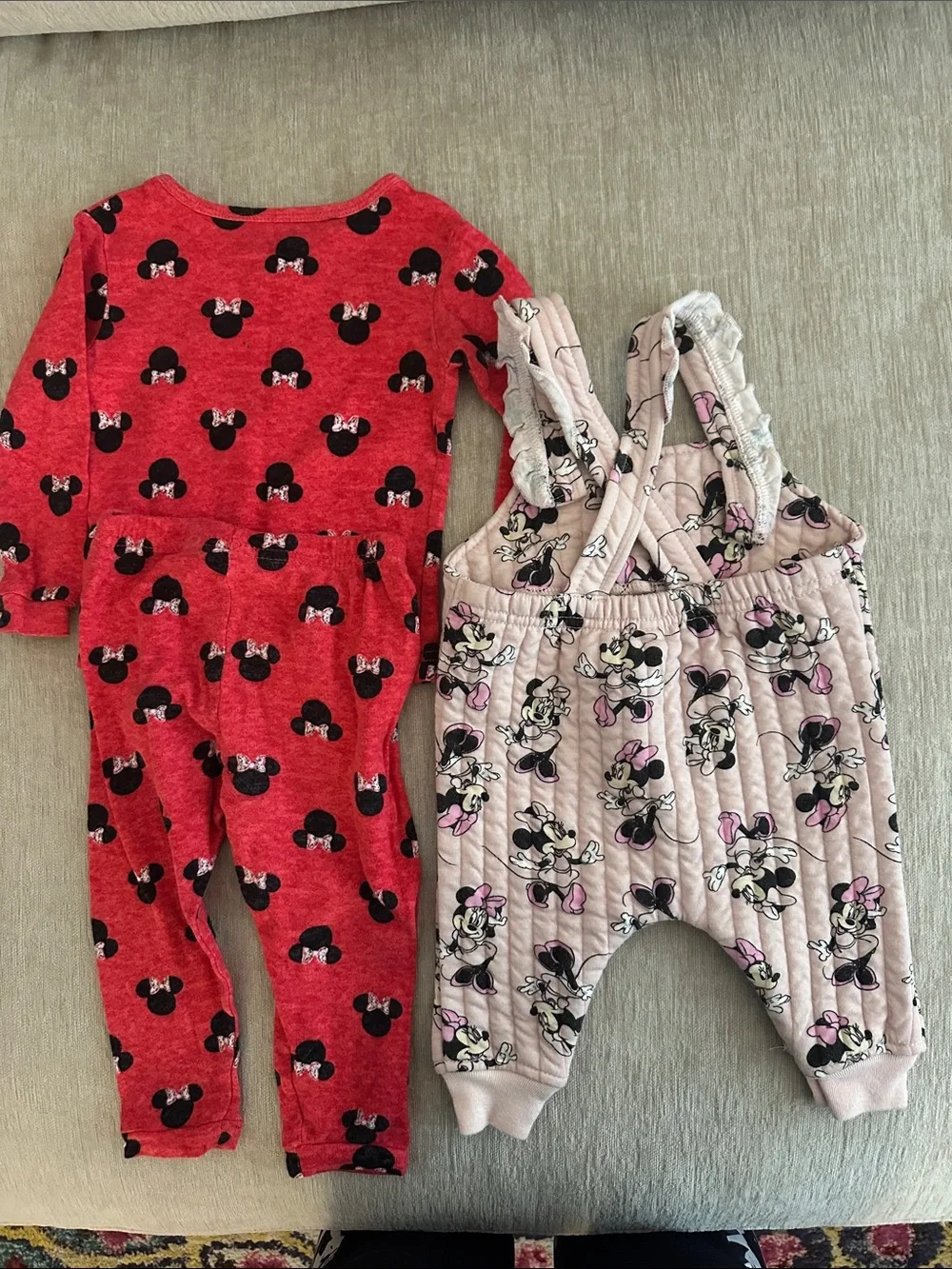 Disney Red Minnie Mouse Pajama Set with Light Pink Quilted Overalls